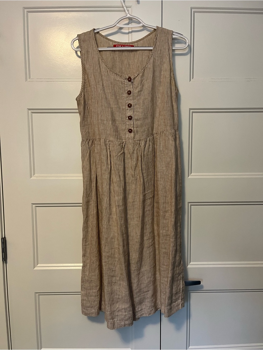 Sleeveless Striped Button-Front Linen Midi Dress in Beige